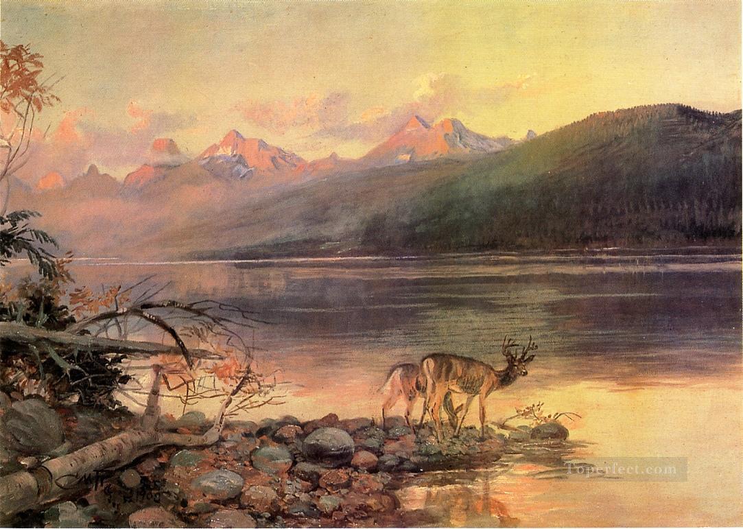 Ciervos en el lago McDonald paisaje americano occidental Charles Marion Russell Pintura al óleo